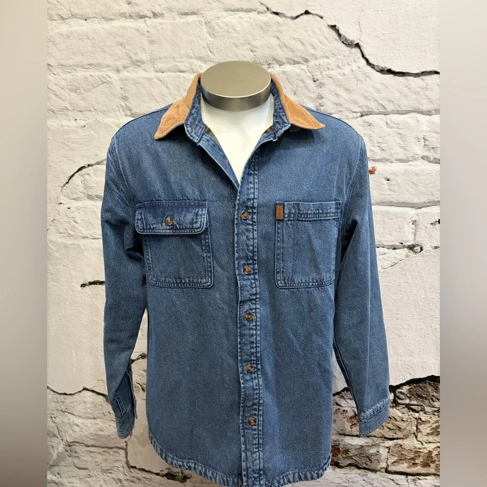 CHAPS Barn Coat Shacket Flannel Lined Denim Shirt Jacket Classic Corduroy Collar